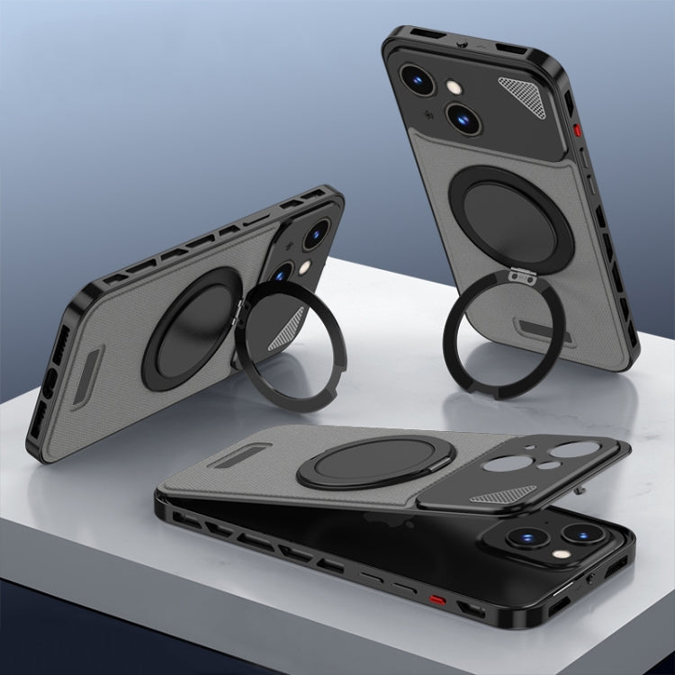 For iPhone 14 Metal Snap Buckle 360 Degree Rotating MagSafe Magnetic Holder Phone Case(Dark Grey Black) - iPhone 14 Cases by buy2fix | Online Shopping UK | buy2fix