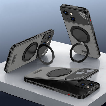 For iPhone 14 Metal Snap Buckle 360 Degree Rotating MagSafe Magnetic Holder Phone Case(Dark Grey Black) - iPhone 14 Cases by buy2fix | Online Shopping UK | buy2fix