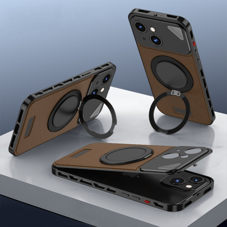 For iPhone 14 Metal Snap Buckle 360 Degree Rotating MagSafe Magnetic Holder Phone Case(Dark Brown Black) - iPhone 14 Cases by buy2fix | Online Shopping UK | buy2fix