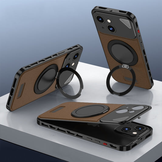 For iPhone 14 Metal Snap Buckle 360 Degree Rotating MagSafe Magnetic Holder Phone Case(Dark Brown Black) - iPhone 14 Cases by buy2fix | Online Shopping UK | buy2fix