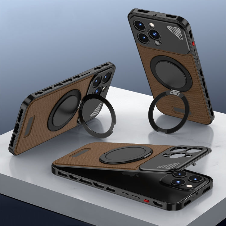 For iPhone 14 Pro Metal Snap Buckle 360 Degree Rotating MagSafe Magnetic Holder Phone Case(Dark Brown Black) - iPhone 14 Pro Cases by buy2fix | Online Shopping UK | buy2fix