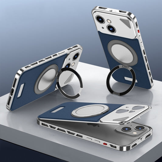 For iPhone 13 Metal Snap Buckle 360 Degree Rotating MagSafe Magnetic Holder Phone Case(Dark Blue Silver) - iPhone 13 Cases by buy2fix | Online Shopping UK | buy2fix