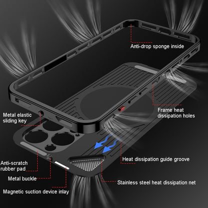 For iPhone 14 Pro Metal Snap Buckle 360 Degree Rotating MagSafe Magnetic Holder Phone Case(Dark Blue Silver) - iPhone 14 Pro Cases by buy2fix | Online Shopping UK | buy2fix