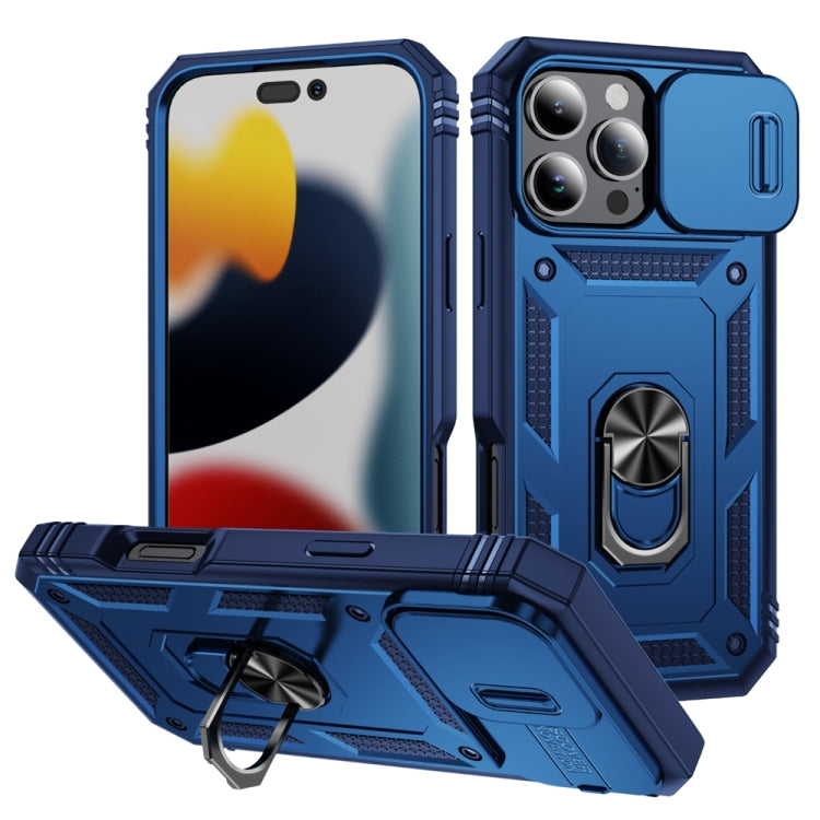 For iPhone 16 Pro Max Sliding Camshield TPU + PC Phone Case with Holder(Navy Blue) by buy2fix