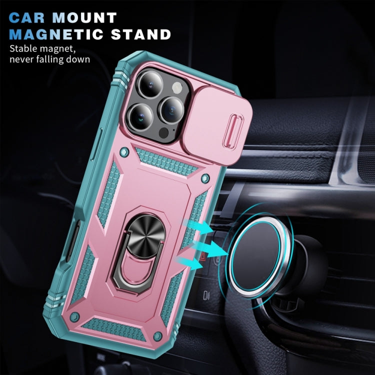 For iPhone 16 Pro Max Sliding Camshield TPU + PC Phone Case with Holder(Pink+Green) by buy2fix