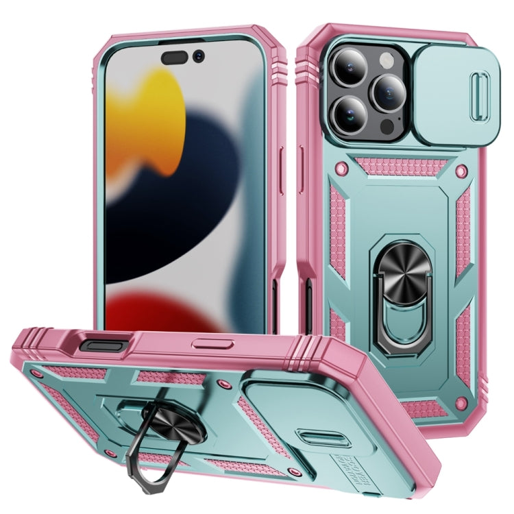 For iPhone 16 Pro Max Sliding Camshield TPU + PC Phone Case with Holder(Green+Pink) by buy2fix