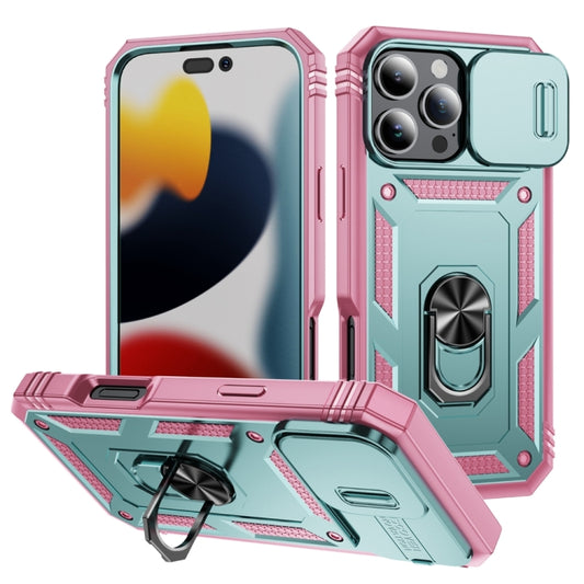 For iPhone 16 Pro Max Sliding Camshield TPU + PC Phone Case with Holder(Green+Pink) by buy2fix