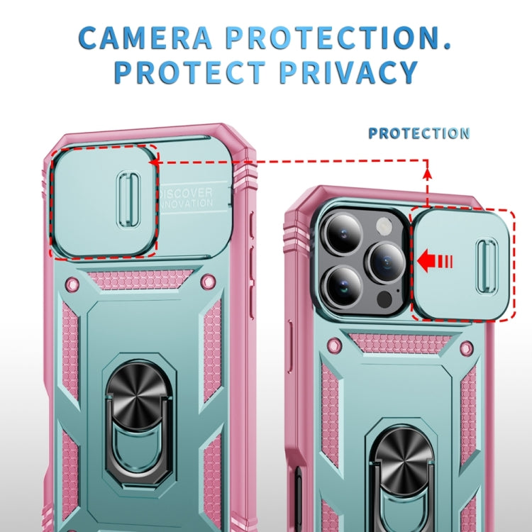 For iPhone 16 Pro Max Sliding Camshield TPU + PC Phone Case with Holder(Green+Pink) by buy2fix