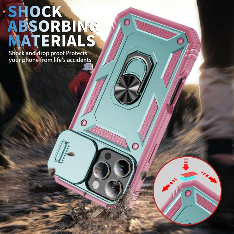For iPhone 16 Pro Max Sliding Camshield TPU + PC Phone Case with Holder(Green+Pink) by buy2fix