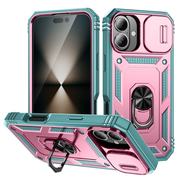 For iPhone 16 Sliding Camshield TPU + PC Phone Case with Holder(Green+Pink) by buy2fix