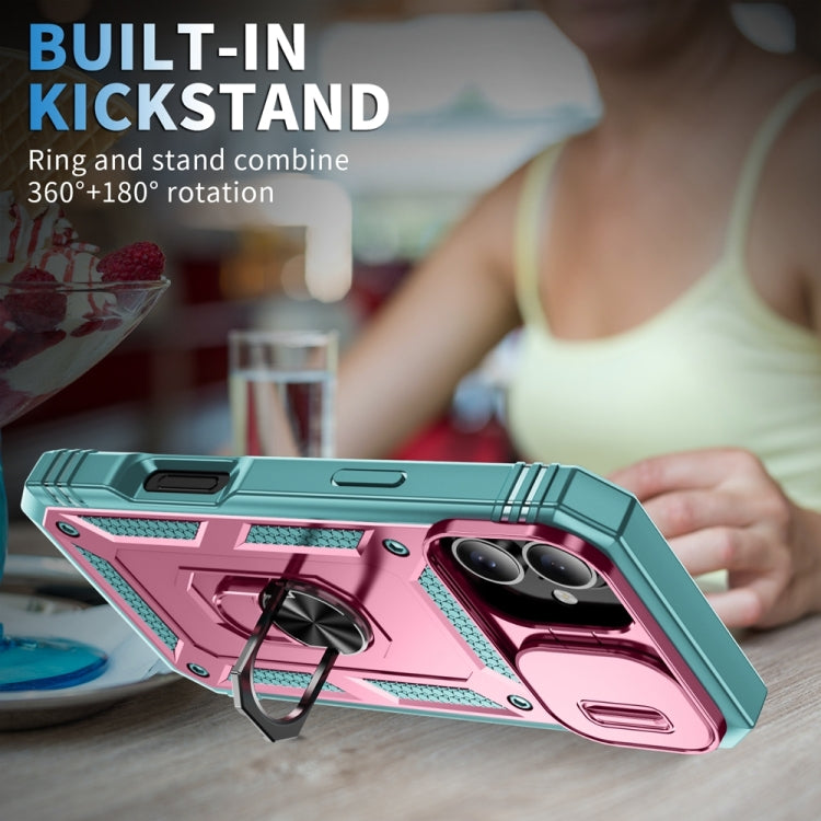 For iPhone 16 Sliding Camshield TPU + PC Phone Case with Holder(Green+Pink) by buy2fix