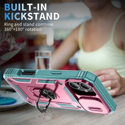 For iPhone 16 Sliding Camshield TPU + PC Phone Case with Holder(Green+Pink) by buy2fix