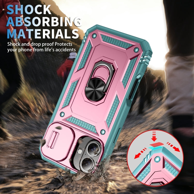 For iPhone 16 Sliding Camshield TPU + PC Phone Case with Holder(Green+Pink) by buy2fix