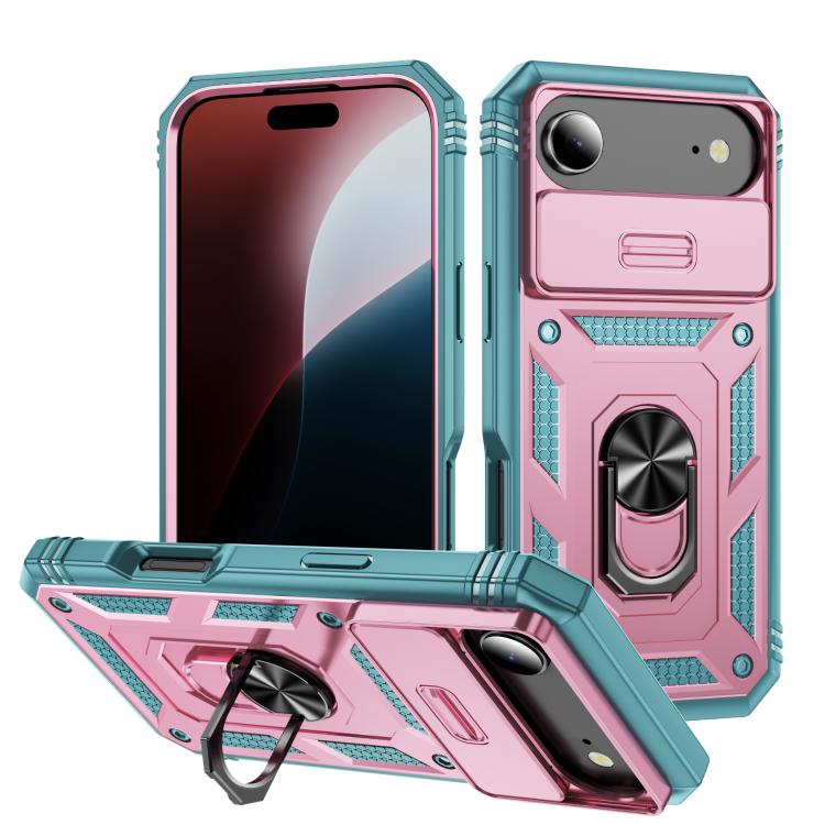 For iPhone Air Sliding Camshield TPU + PC Phone Case with Holder(Pink+Green) - iPhone Air Cases by buy2fix | Online Shopping UK | buy2fix