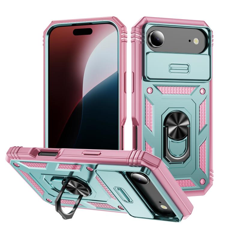 For iPhone Air Sliding Camshield TPU + PC Phone Case with Holder(Green+Pink) - iPhone Air Cases by buy2fix | Online Shopping UK | buy2fix