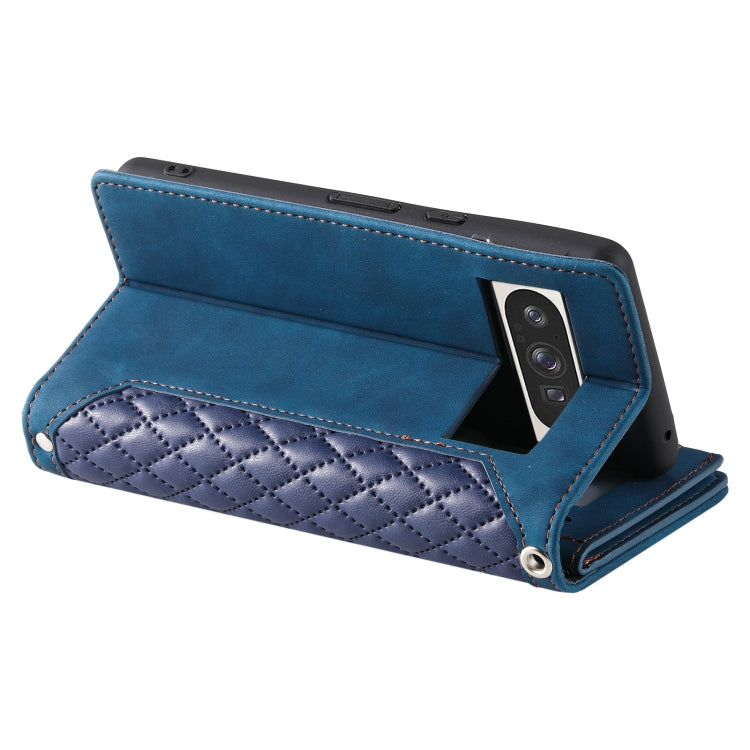 For Google Pixel 9 Pro XL Grid Texture Zipper Leather Phone Case with Lanyard(Blue) by buy2fix