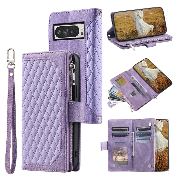 For Google Pixel 9 Pro XL Grid Texture Zipper Leather Phone Case with Lanyard(Purple) by buy2fix