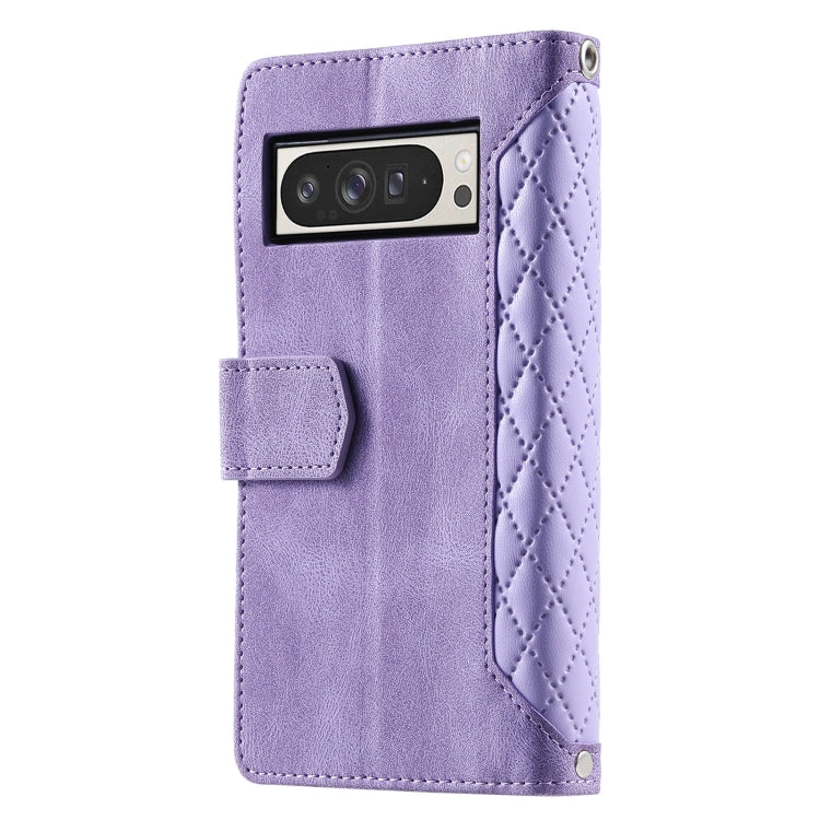 For Google Pixel 9 Pro XL Grid Texture Zipper Leather Phone Case with Lanyard(Purple) by buy2fix