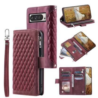 For Google Pixel 9 Pro XL Grid Texture Zipper Leather Phone Case with Lanyard(Wine Red) by buy2fix