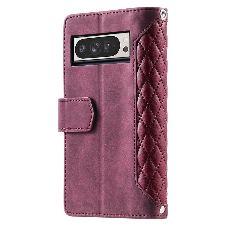 For Google Pixel 9 Pro XL Grid Texture Zipper Leather Phone Case with Lanyard(Wine Red) by buy2fix