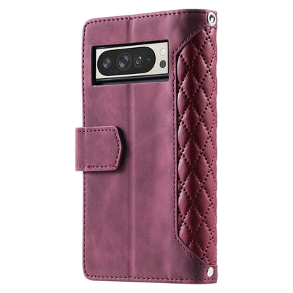 For Google Pixel 9 Pro XL Grid Texture Zipper Leather Phone Case with Lanyard(Wine Red) by buy2fix