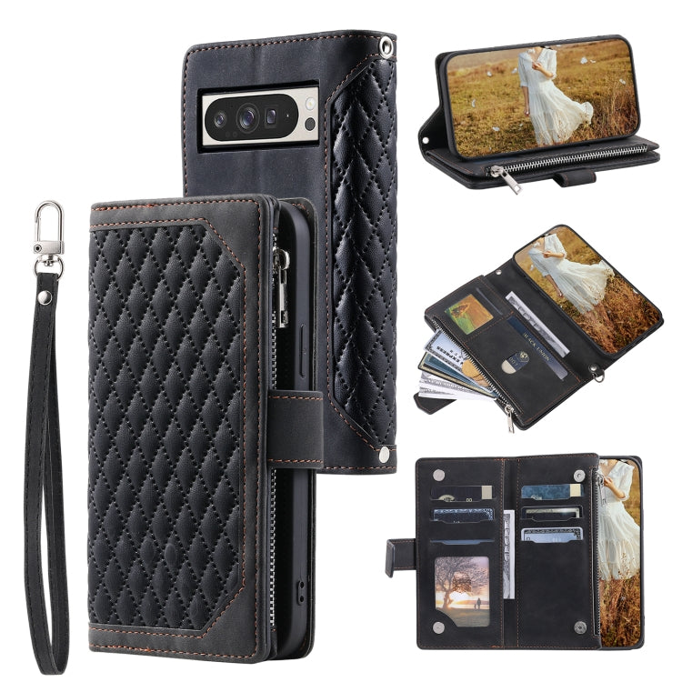 For Google Pixel 9 Pro XL Grid Texture Zipper Leather Phone Case with Lanyard(Black) by buy2fix