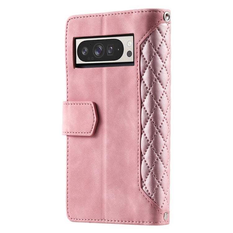 For Google Pixel 9 Pro XL Grid Texture Zipper Leather Phone Case with Lanyard(Rose Gold) by buy2fix