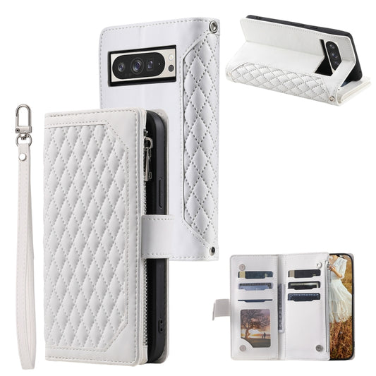 For Google Pixel 9 Pro XL Grid Texture Zipper Leather Phone Case with Lanyard(White) by buy2fix