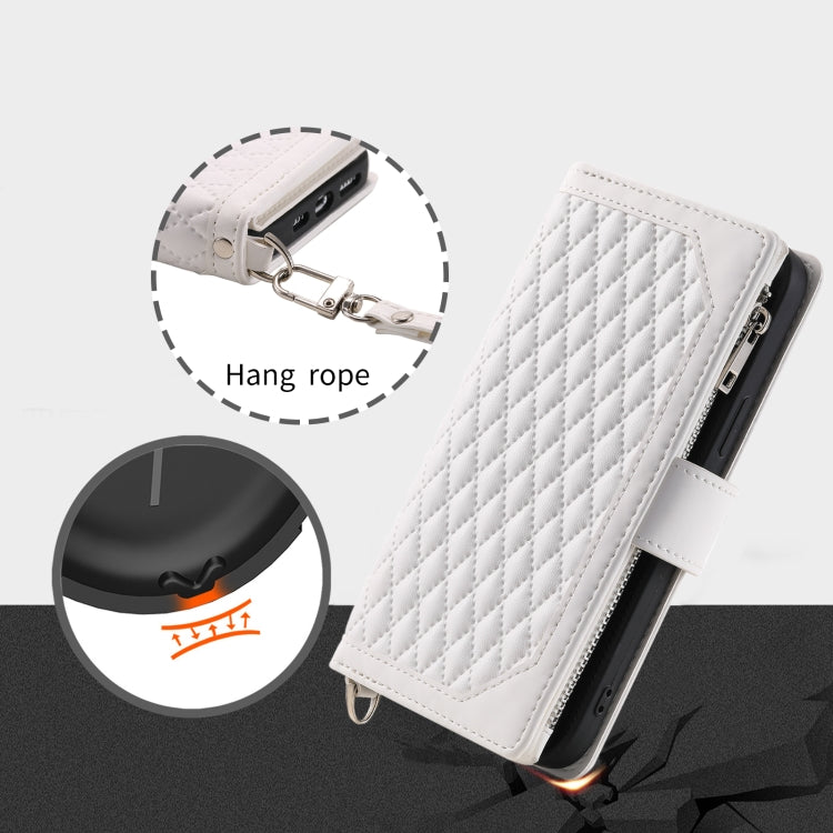 For Google Pixel 9 Pro XL Grid Texture Zipper Leather Phone Case with Lanyard(White) by buy2fix
