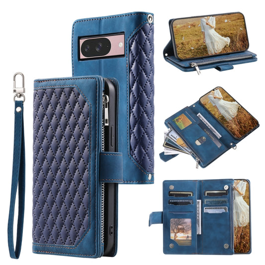 For Google Pixel 9 / 9 Pro Grid Texture Zipper Leather Phone Case with Lanyard(Blue) by buy2fix