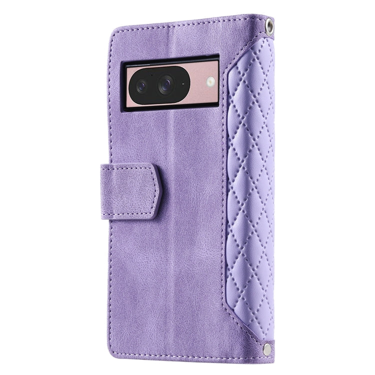 For Google Pixel 9 / 9 Pro Grid Texture Zipper Leather Phone Case with Lanyard(Purple) by buy2fix