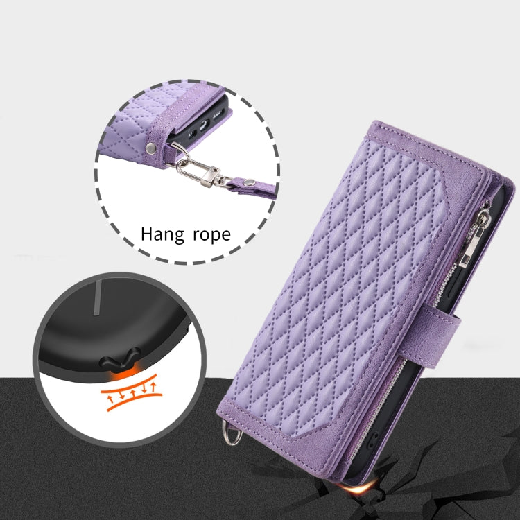 For Google Pixel 9 / 9 Pro Grid Texture Zipper Leather Phone Case with Lanyard(Purple) by buy2fix