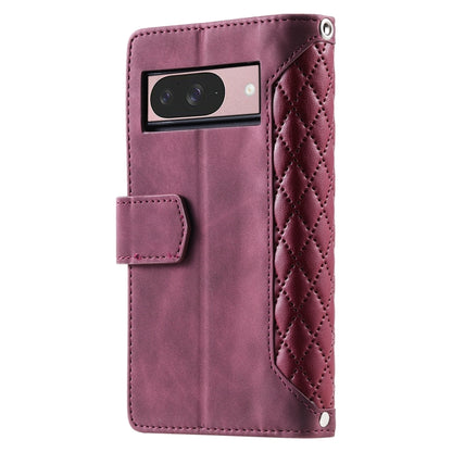 For Google Pixel 9 / 9 Pro Grid Texture Zipper Leather Phone Case with Lanyard(Wine Red) by buy2fix