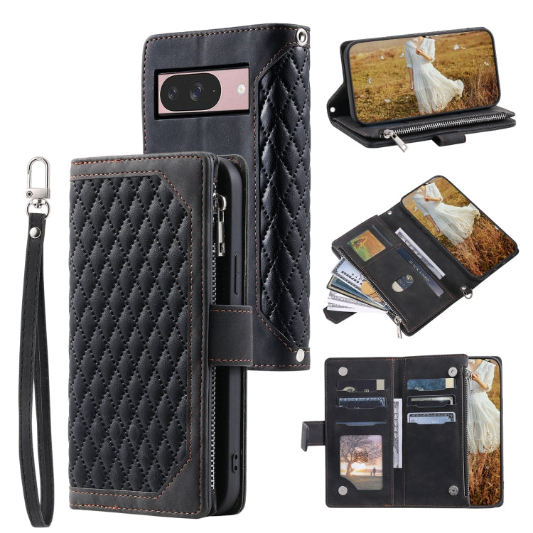 For Google Pixel 9 / 9 Pro Grid Texture Zipper Leather Phone Case with Lanyard(Black) by buy2fix