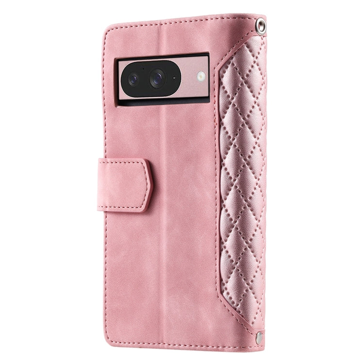 For Google Pixel 9 / 9 Pro Grid Texture Zipper Leather Phone Case with Lanyard(Rose Gold) by buy2fix