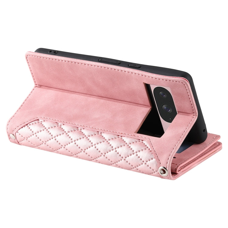 For Google Pixel 9 / 9 Pro Grid Texture Zipper Leather Phone Case with Lanyard(Rose Gold) by buy2fix