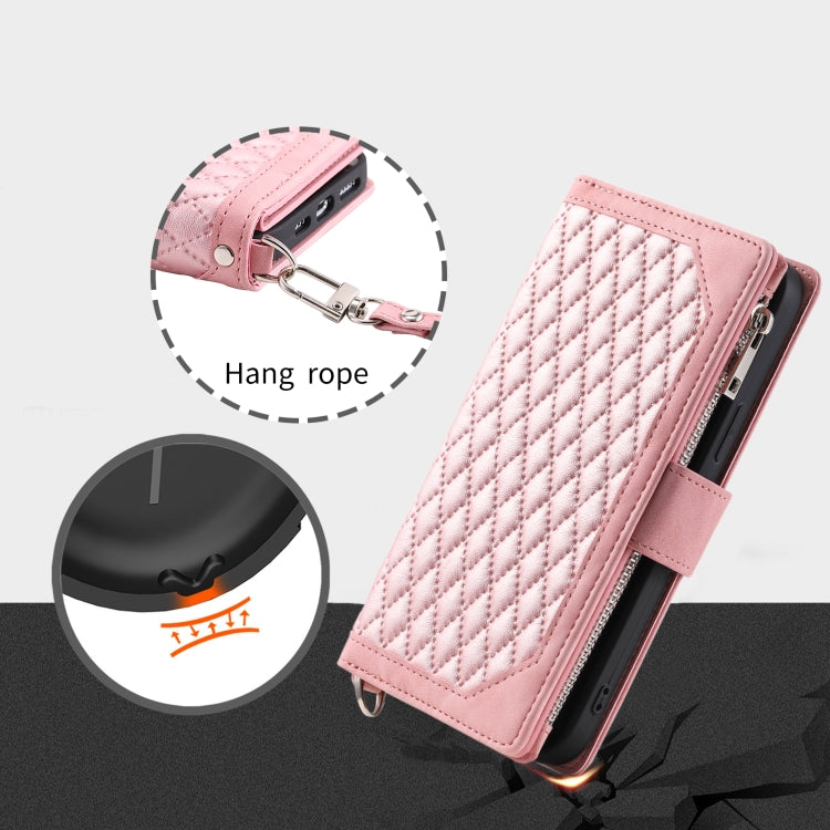 For Google Pixel 9 / 9 Pro Grid Texture Zipper Leather Phone Case with Lanyard(Rose Gold) by buy2fix