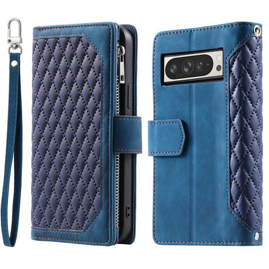 For Google Pixel 10 Pro XL Grid Texture Zipper Leather Phone Case with Lanyard(Blue) - Google Cases by buy2fix | Online Shopping UK | buy2fix