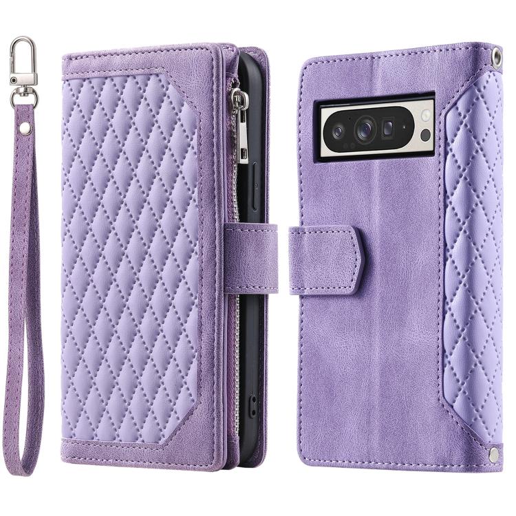 For Google Pixel 10 Pro XL Grid Texture Zipper Leather Phone Case with Lanyard(Purple) - Google Cases by buy2fix | Online Shopping UK | buy2fix