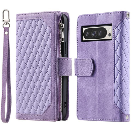 For Google Pixel 10 Pro XL Grid Texture Zipper Leather Phone Case with Lanyard(Purple) - Google Cases by buy2fix | Online Shopping UK | buy2fix