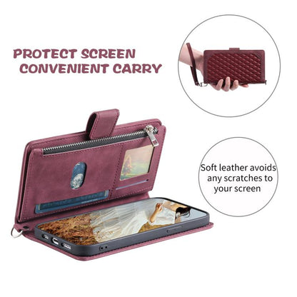 For Google Pixel 10 Pro XL Grid Texture Zipper Leather Phone Case with Lanyard(Wine Red) - Google Cases by buy2fix | Online Shopping UK | buy2fix