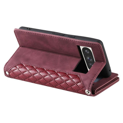For Google Pixel 10 Pro XL Grid Texture Zipper Leather Phone Case with Lanyard(Wine Red) - Google Cases by buy2fix | Online Shopping UK | buy2fix
