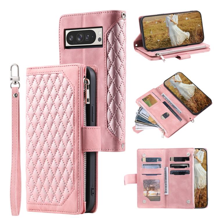For Google Pixel 10 Pro XL Grid Texture Zipper Leather Phone Case with Lanyard(Rose Gold) - Google Cases by buy2fix | Online Shopping UK | buy2fix