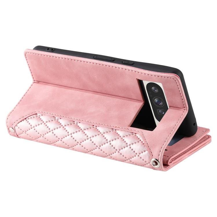 For Google Pixel 10 Pro XL Grid Texture Zipper Leather Phone Case with Lanyard(Rose Gold) - Google Cases by buy2fix | Online Shopping UK | buy2fix