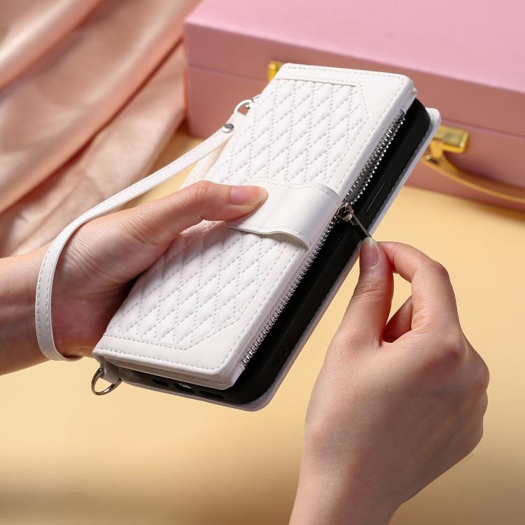 For Google Pixel 10 Pro XL Grid Texture Zipper Leather Phone Case with Lanyard(White) - Google Cases by buy2fix | Online Shopping UK | buy2fix