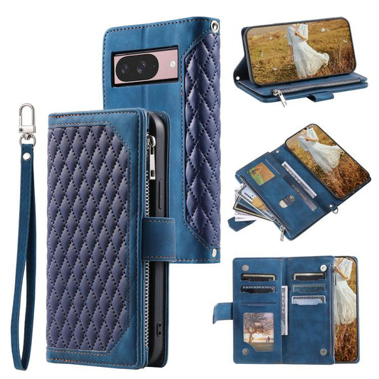 For Google Pixel 10 / 10 Pro Grid Texture Zipper Leather Phone Case with Lanyard(Blue) - Google Cases by buy2fix | Online Shopping UK | buy2fix