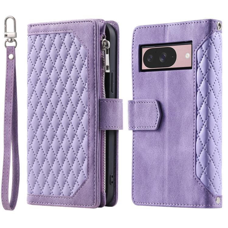 For Google Pixel 10 / 10 Pro Grid Texture Zipper Leather Phone Case with Lanyard(Purple) - Google Cases by buy2fix | Online Shopping UK | buy2fix