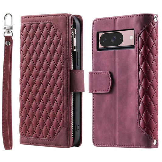 For Google Pixel 10 / 10 Pro Grid Texture Zipper Leather Phone Case with Lanyard(Wine Red) - Google Cases by buy2fix | Online Shopping UK | buy2fix