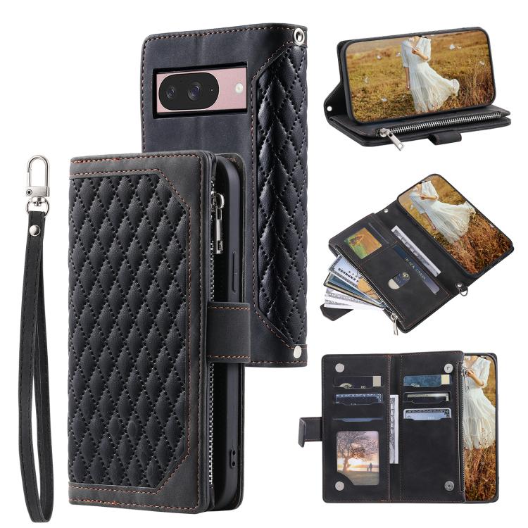 For Google Pixel 10 / 10 Pro Grid Texture Zipper Leather Phone Case with Lanyard(Black) - Google Cases by buy2fix | Online Shopping UK | buy2fix