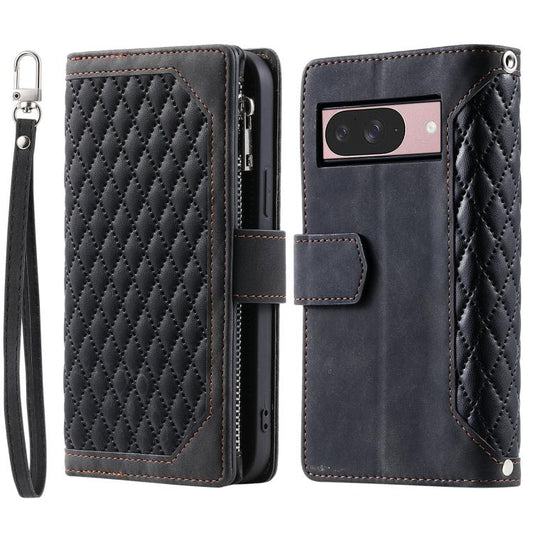For Google Pixel 10 / 10 Pro Grid Texture Zipper Leather Phone Case with Lanyard(Black) - Google Cases by buy2fix | Online Shopping UK | buy2fix